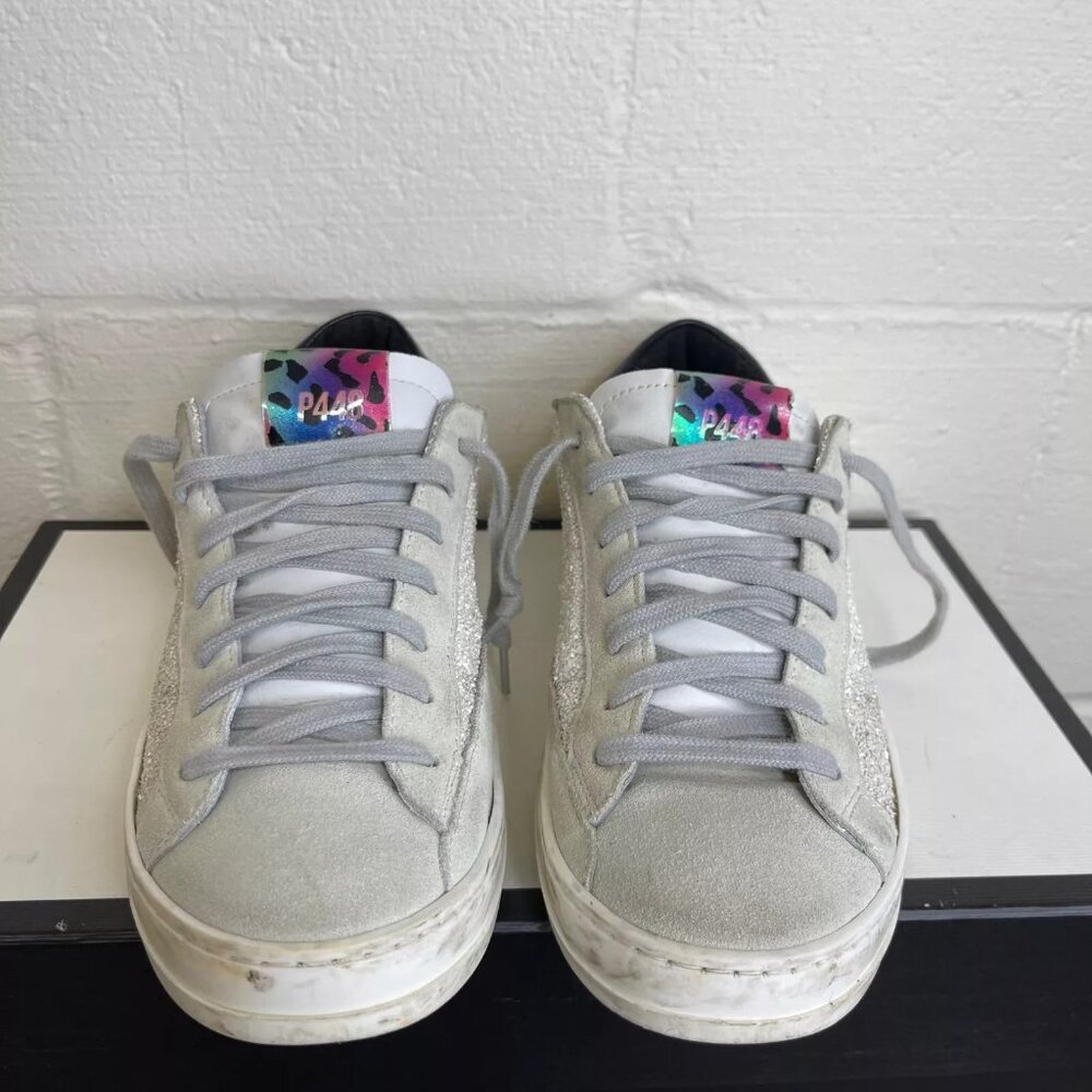 P448 Glitter Colorblock Pattern White Grey Silver Sneakers Low Top Women's 38 EU